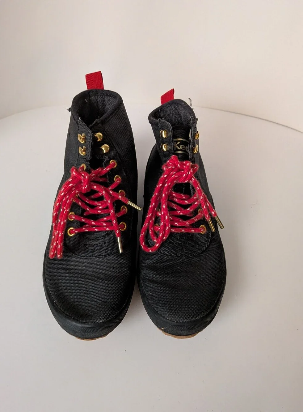 Keds Black High-Top Rain Boot with Red Laces and Gold Hardware